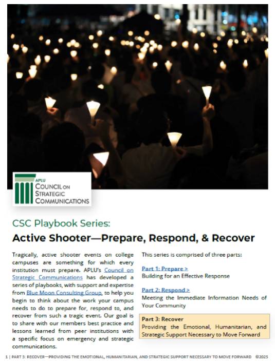 Report cover for APLU CSC's Playbook on Active Shooter Part 3