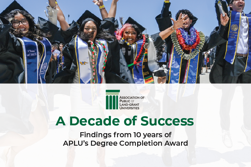 A graphic for a Degree Completion Report featuring college graduates jumping and celebrating.