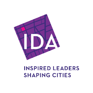 IDA logo, purple tilted box with white background.