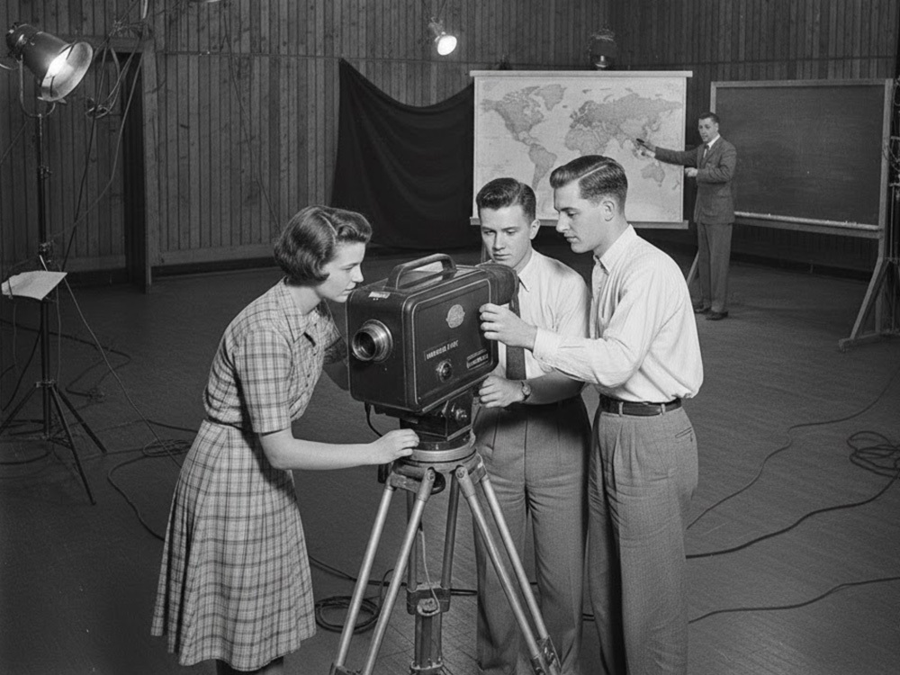 A black and white photo of students around a camera during the first educational telecast.