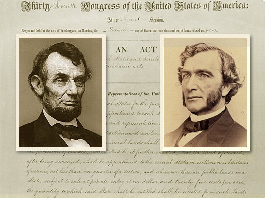 Black and white photos of Justin Smith Morrill and Abraham Lincoln transposed over the text of the Morrill Act.