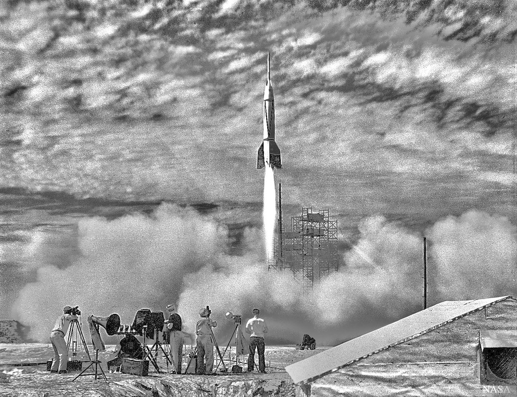 A black and white photo of Bumper 2's launch at Cape Canaveral in Florida.