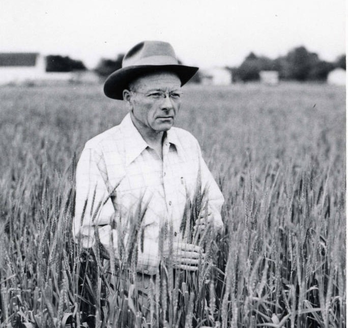 A black and white photo of a man in a crop field waring a hat and glasses.
