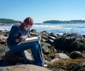 Researcher from the University of Maine takes down data on a coastline