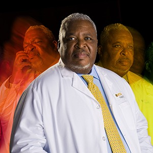 A dramatic rendering of a man in a white lab coat.