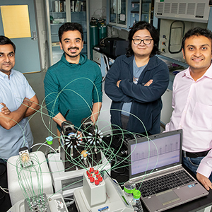 From left: Sudheer Salana, graduate student; Joseph V. Puthessery, graduate student; Haoran Yu, graduate student; Vishal Verma, professor of civil & environmental engineering. Illinois Lab for Aerosol Research